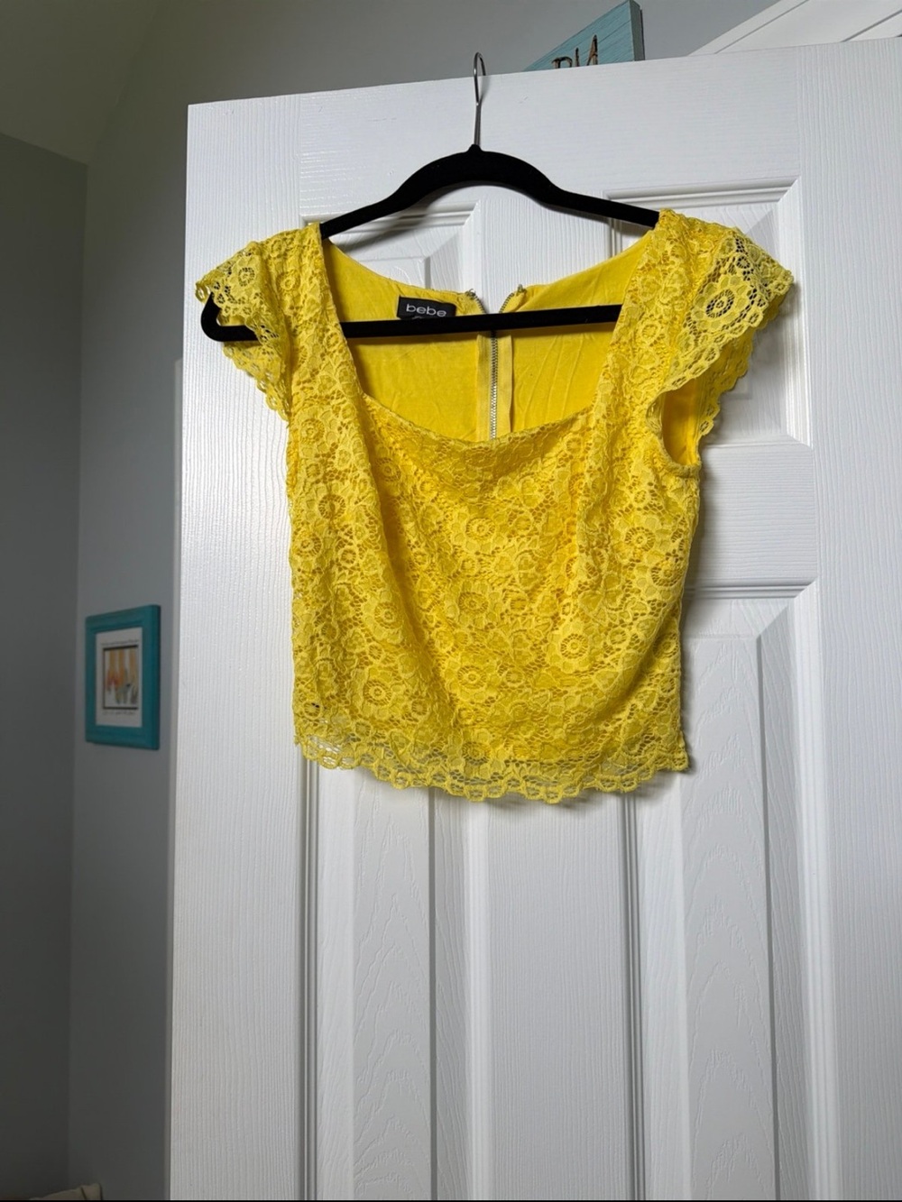 bebe Bright Yellow Lace Cap-Sleeve Crop Top